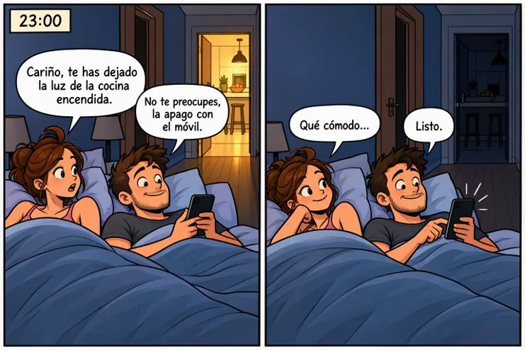 Viñeta: apagan la luz de la cocina desde la cama con el móvil